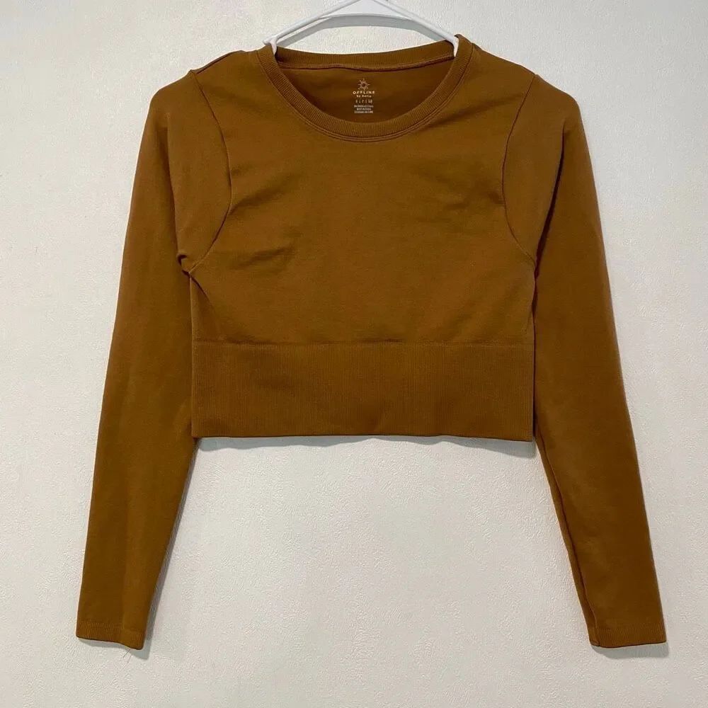 OFFLINE by Aerie Crop Top Size S Brown Long Sleeve Seamless Workout Top - Picture 2 of 8